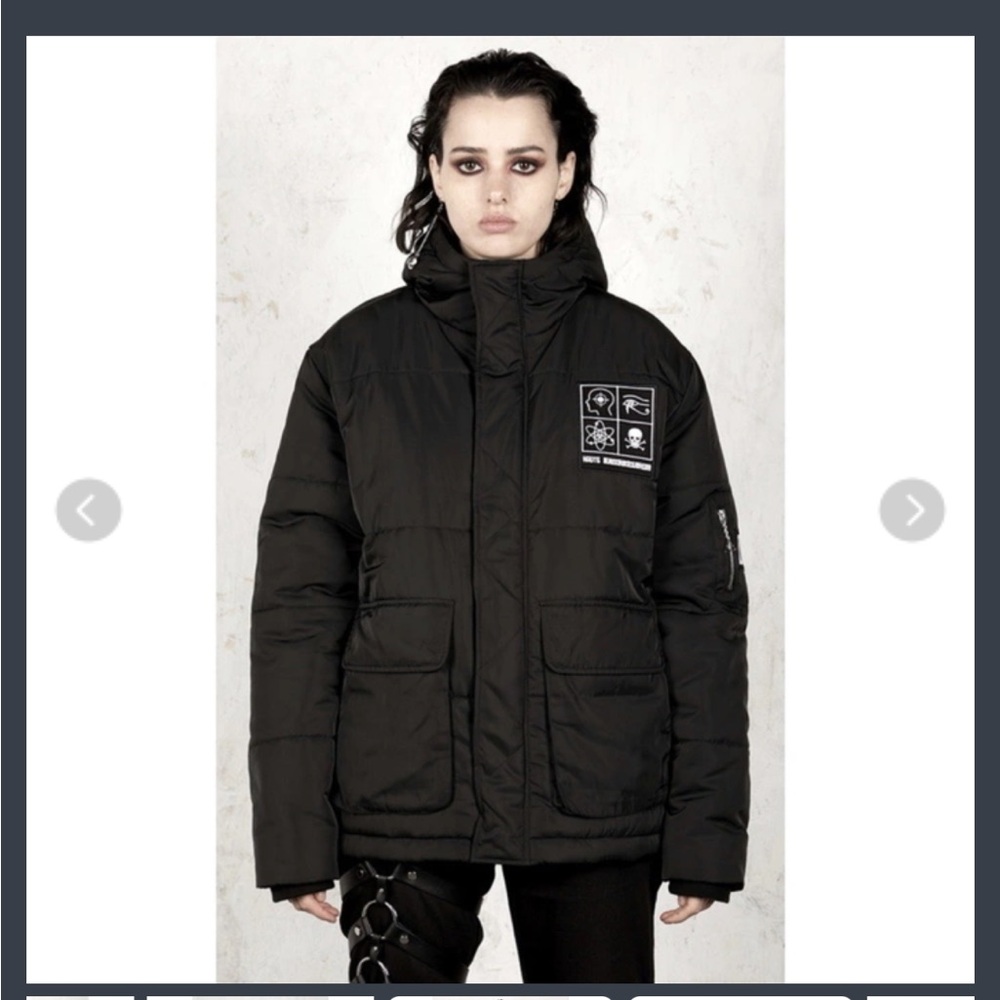 Disturbia Black Puffer Jacket with Patch Details